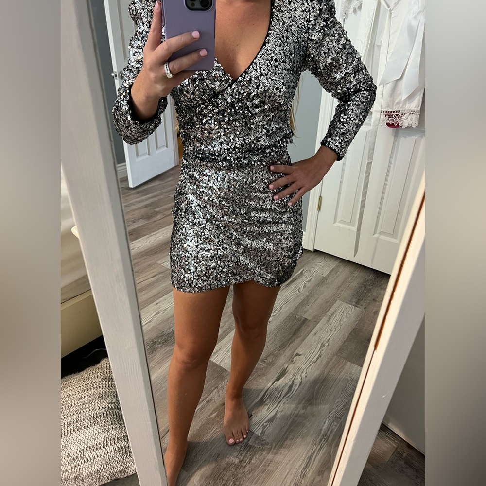 Silver Sequin Sparkle Mini Dress in Silver